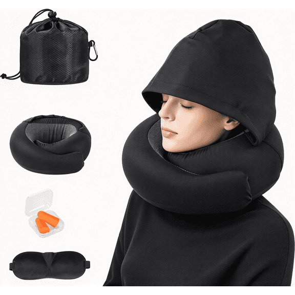 IKPYTREE Hooded Travel Neck Pillow, Memory Foam Airplane Pillow with Eye Mask and Earplugs for Car Office Road Trips and Flights, Black