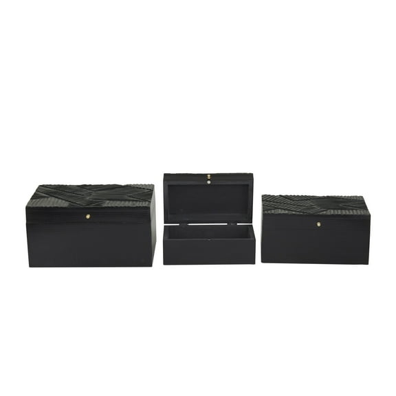 DecMode Intricate Carved Black Wood Decorative Box with Hinged Lid, 3 Count