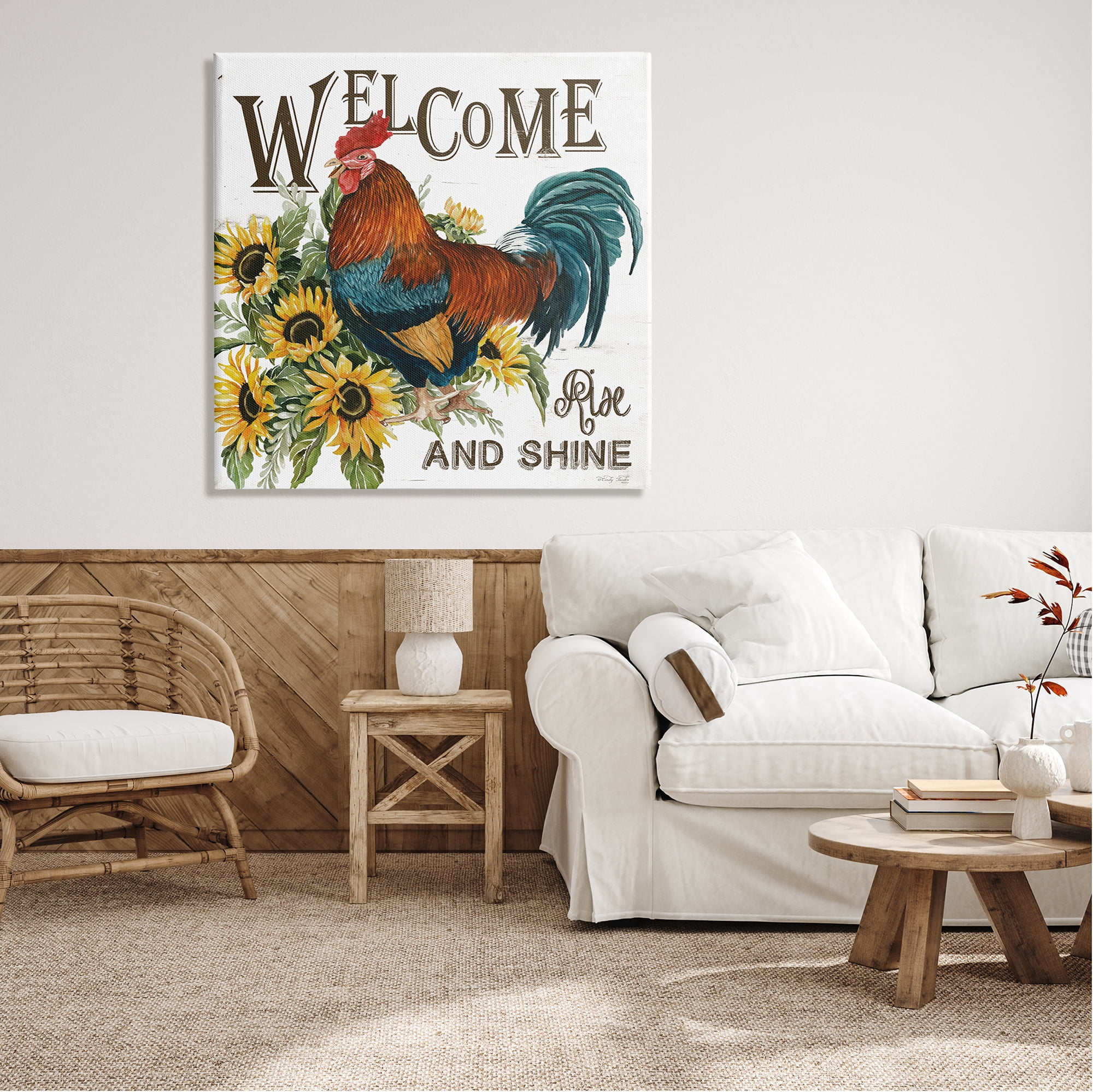Stupell Industries Rise & Shine Rooster Botanical & Floral Painting Gallery Wrapped Canvas Print Wall Art, 36 x 36