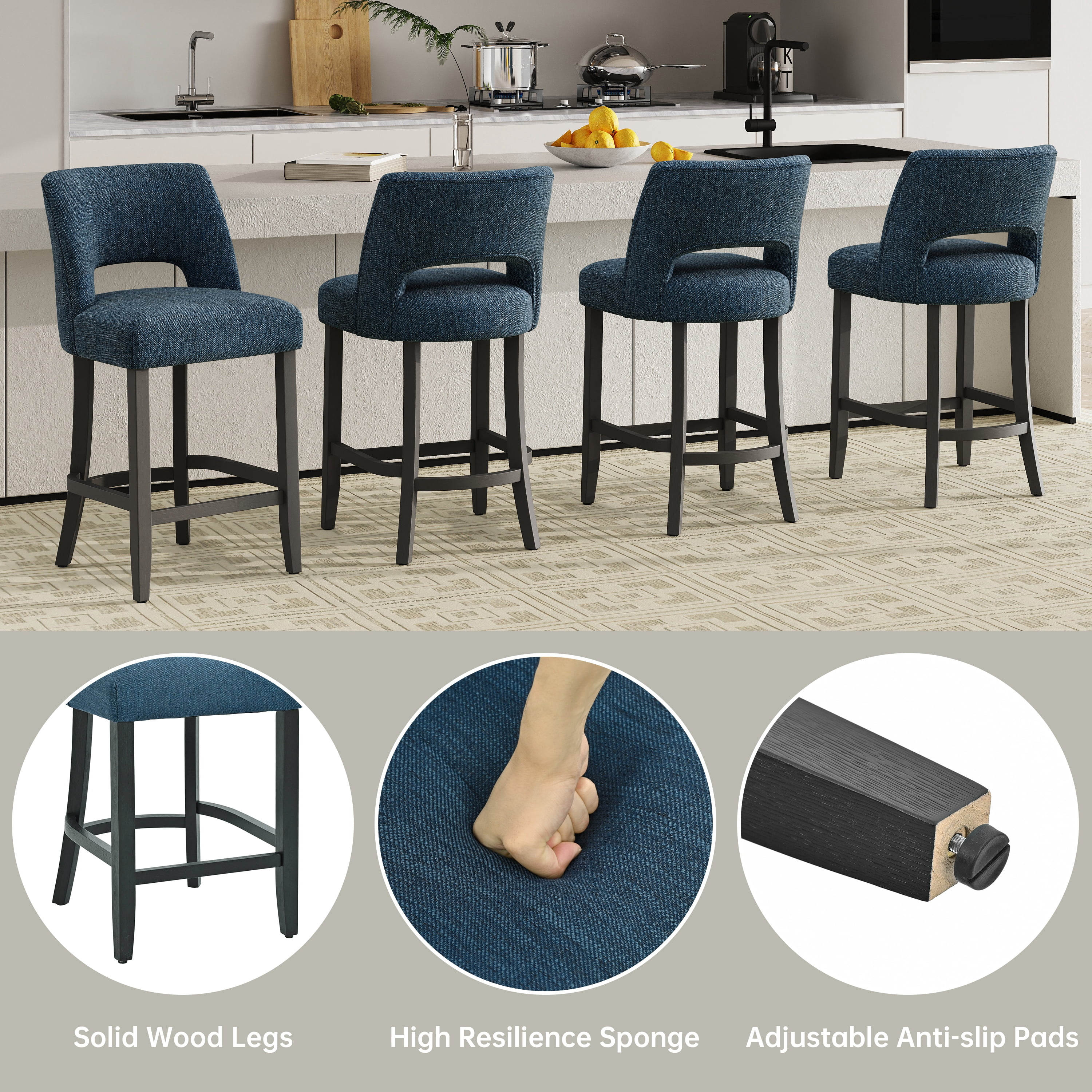 Vknow Furniture Mid-Century Counter Height Bar Stools Set of 6 with Solid Wood Legs and Ergonomic Backrest for Kitchen Island and Dining Room,Blue