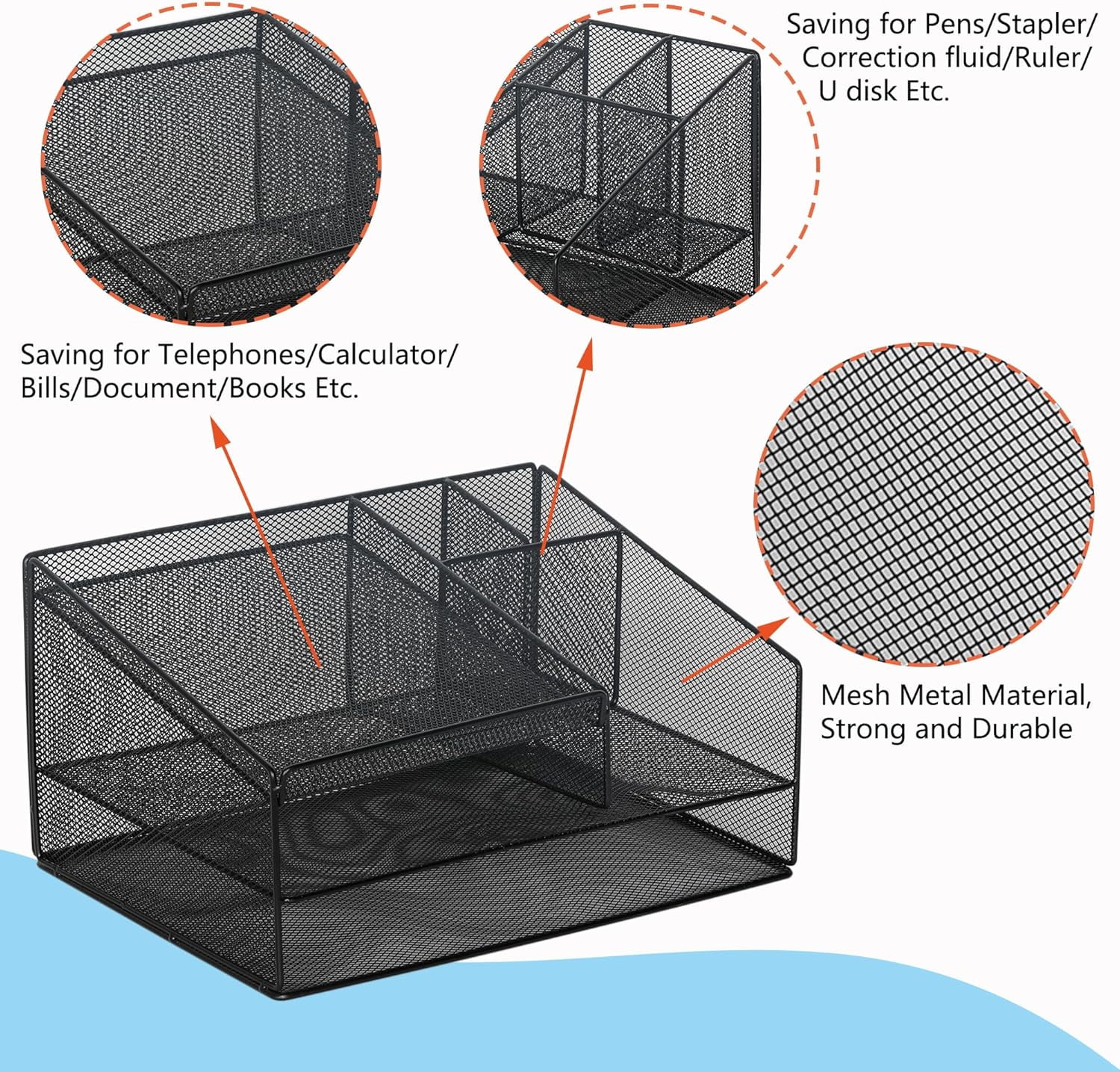 EasyPAG Multi-Compartment Mesh Desk Organizer - Black Metal Office Storage Caddy for Phones, Pens, Documents, Stationery