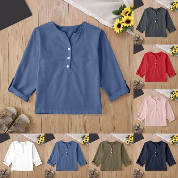 Jinhomg Summer Shirts for Kids Casual Long Sleeve Cotton Linen Tees Loose Fit Comfy Button Up Lounge Tops Boys Girls Everyday Wear Navy 120