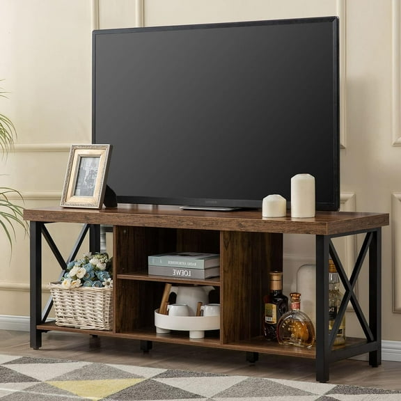Reliancer Farmhouse TV Stand for TVs up to 55", with 4 Number of Shelves, Open Storage, Rustic Brown