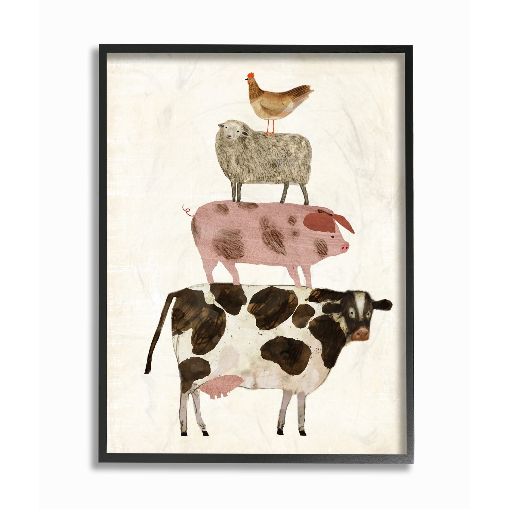 The Stupell Home Decor Collection Cow Sheep Pig and Chicken Barnyard Buds Stacked Farm Animals Oversized Framed Giclee Texturized Art, 16 x 1.5 x 20