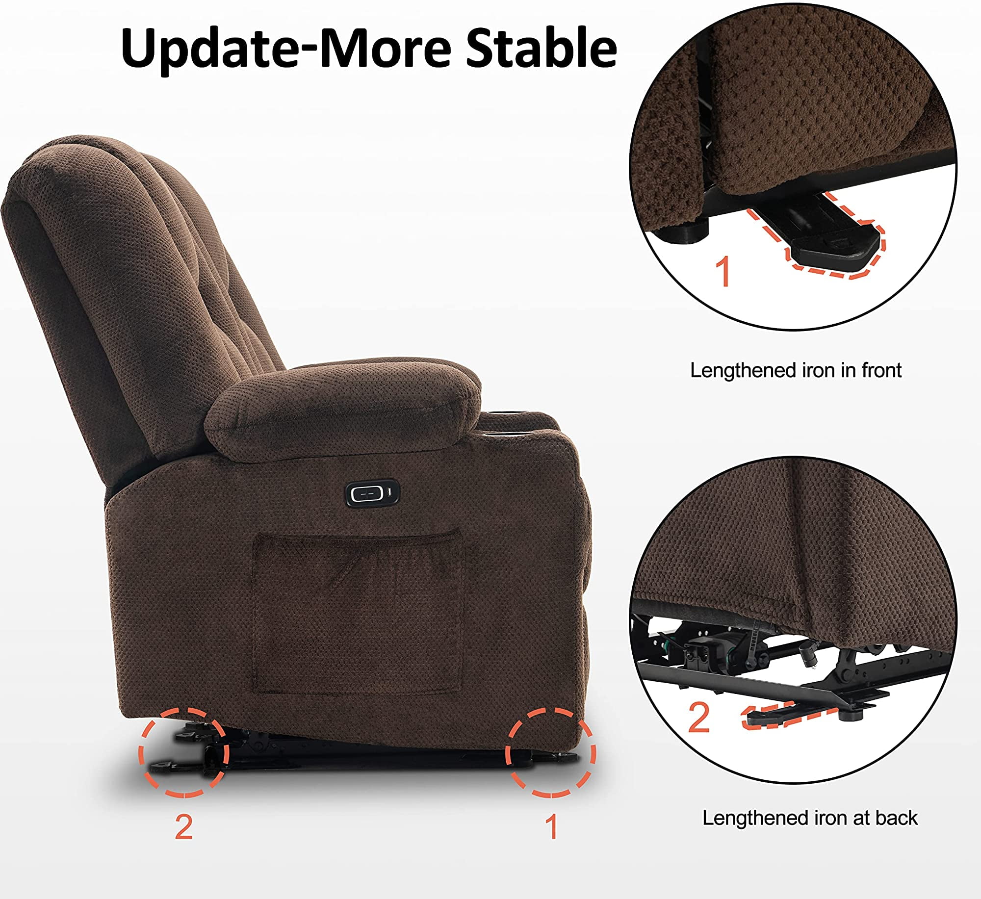 MCombo Electric Power Recliner Chair with Massage & Heat, Extended Footrest, USB Ports, 2 Side & Front Pockets, Cup Holders, Brown Plush Fabric 8015