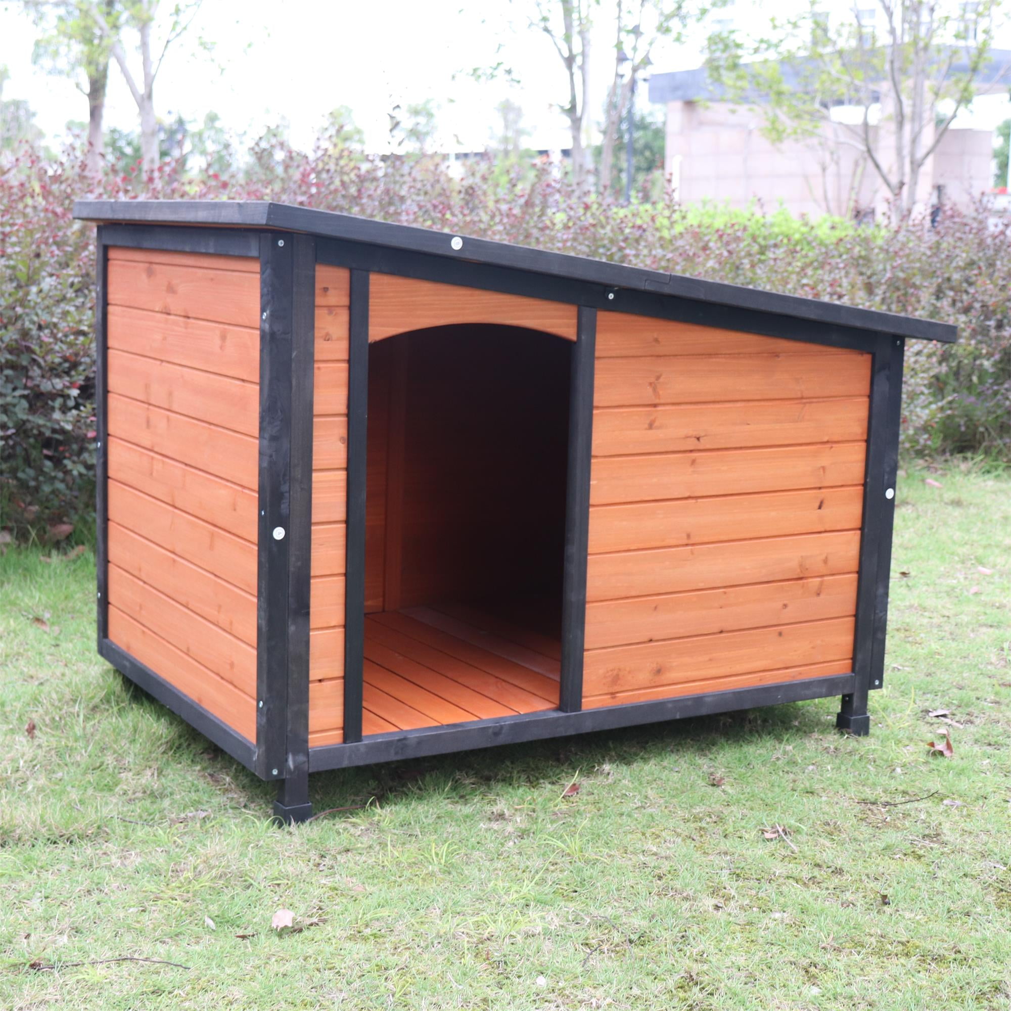 Pefilos 46" Outdoor Wooden Dog House for Large Dogs with Raised Feet, PVC Roof and Removable Floor Weatherproof Pet Cat House, Gold Pefilos 46" Outdoor Wooden Dog House for Large Dogs with Raised Feet, PVC Roof and Removable Floor Weatherproof Pet Cat House, Gold