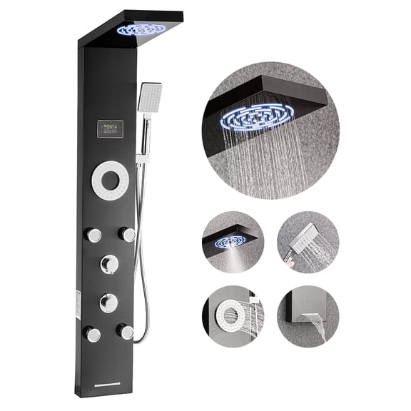 VEVOR Shower Panel Tower System with Rainfall Shower Head, LED, 53 in Brushed Stainless Steel Shower Column, 6-Function Faucet, Wall-Mount Rain Massage System with 5 Body Jets, Handheld, Tub Spout
