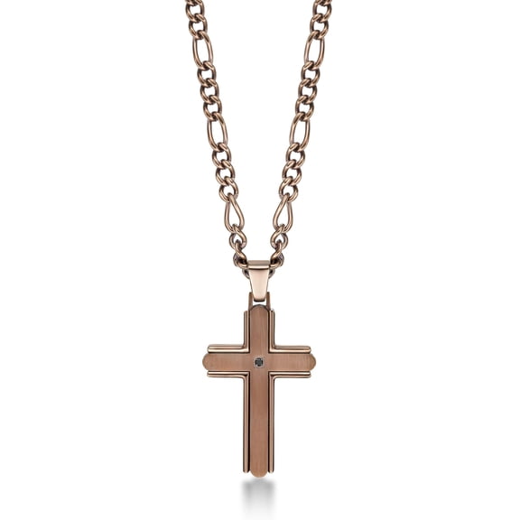 Chocolate Ion Plated Stainless Steel Black Cubic Zirconia Cross Pendant - 22 Inch Figaro Chain