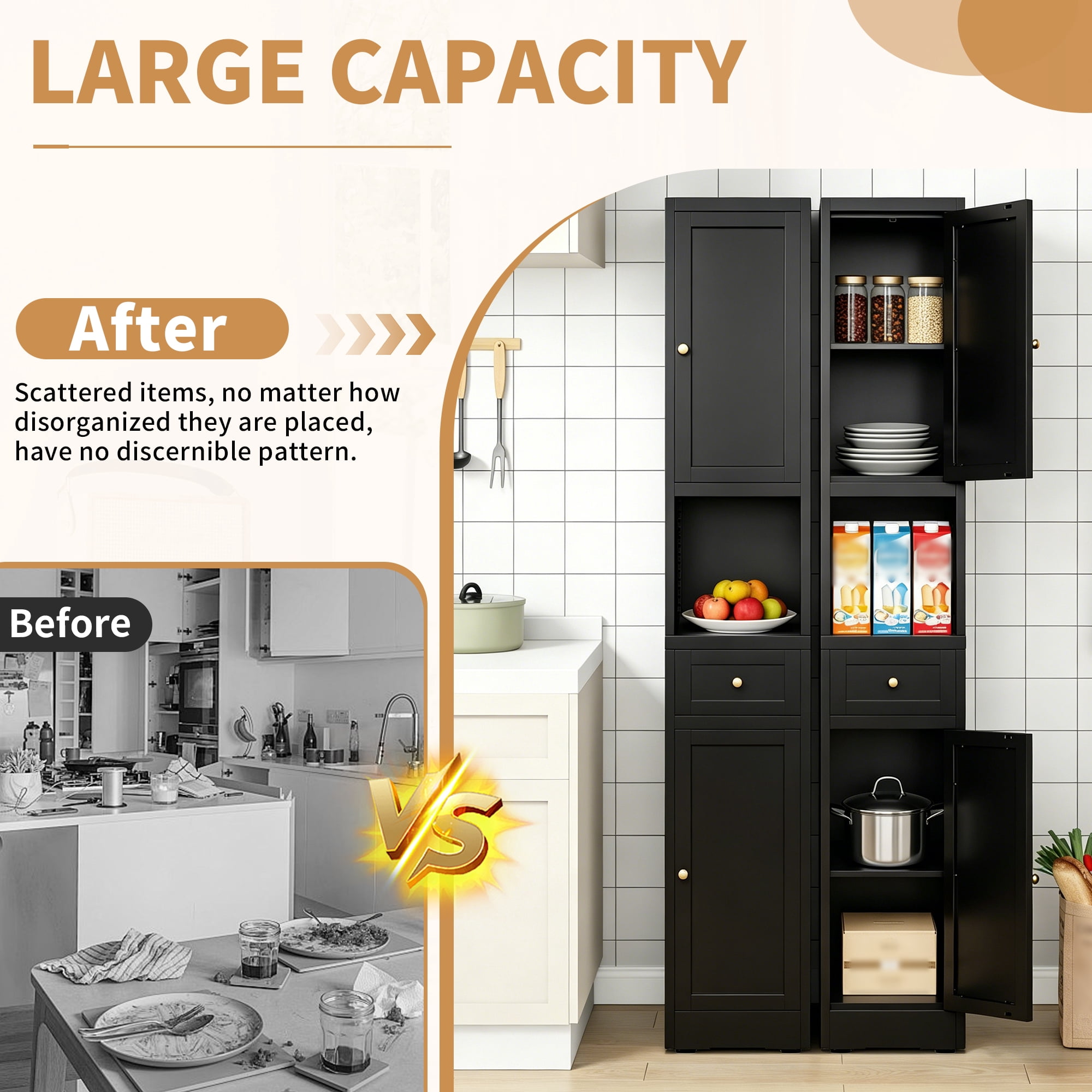 Leumius 71 Inch Tall Bathroom Storage Cabinet,Freestanding 5-Tier Narrow Metal Cabinet with 2 Doors & Adjustable Shelves for Kitchen Living Room Bathroom,Black