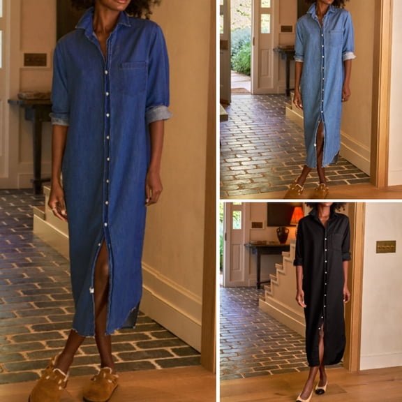 Joernso Women's Casual Denim Shirt Dress Roll Up Long Sleeve Button Down Maxi Dress Lapel Long Shift Jean Dress
