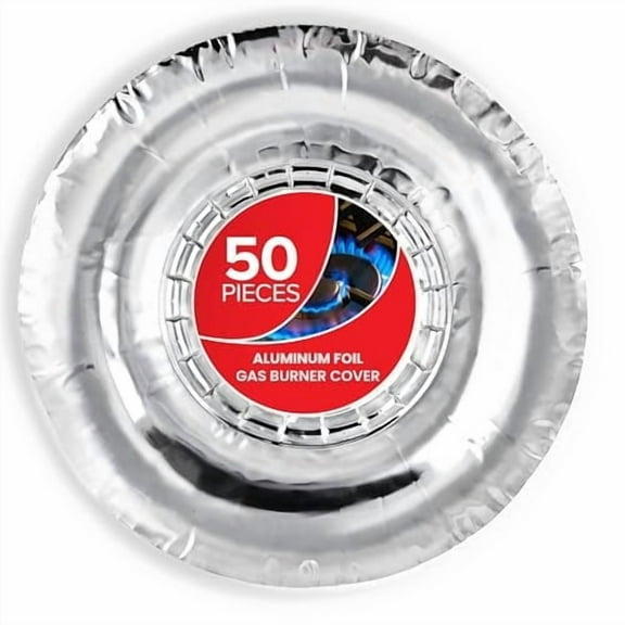(50 Pack) Round Disposable Gas Burner Liners, Aluminum Foil Burner Covers for Gas Stove - 7.5 Inch Stove Liners for Gas Burners, Foil Liners to Catch Oil, Grease, and Food Spills, Stock Your Home