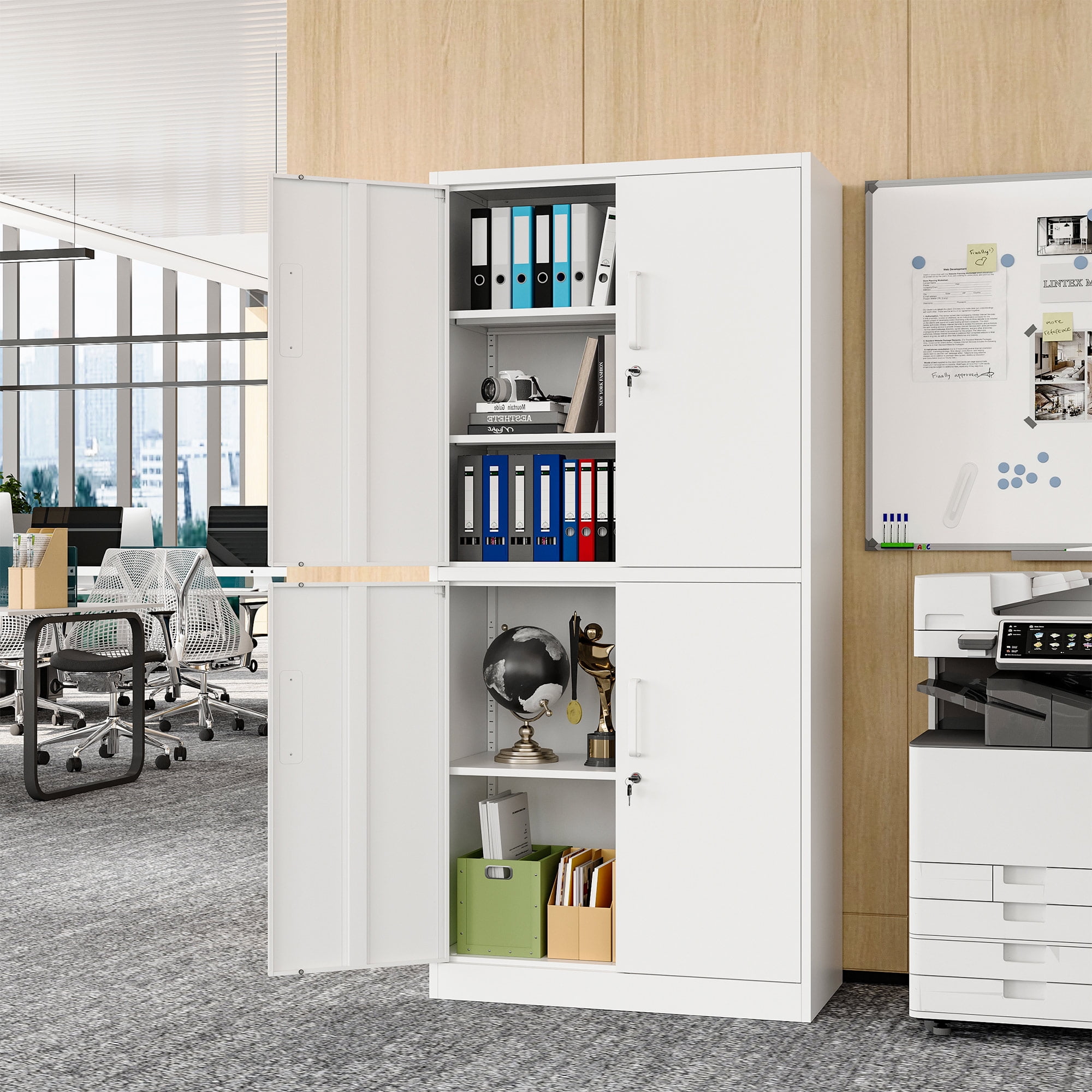 STANI Metal Storage Cabinet, White Garage Tools Utility Cabinet,4 Doors & 3 Adjustable Shelves, Steel Locker with Lockable Door for Office, Home, Pantry