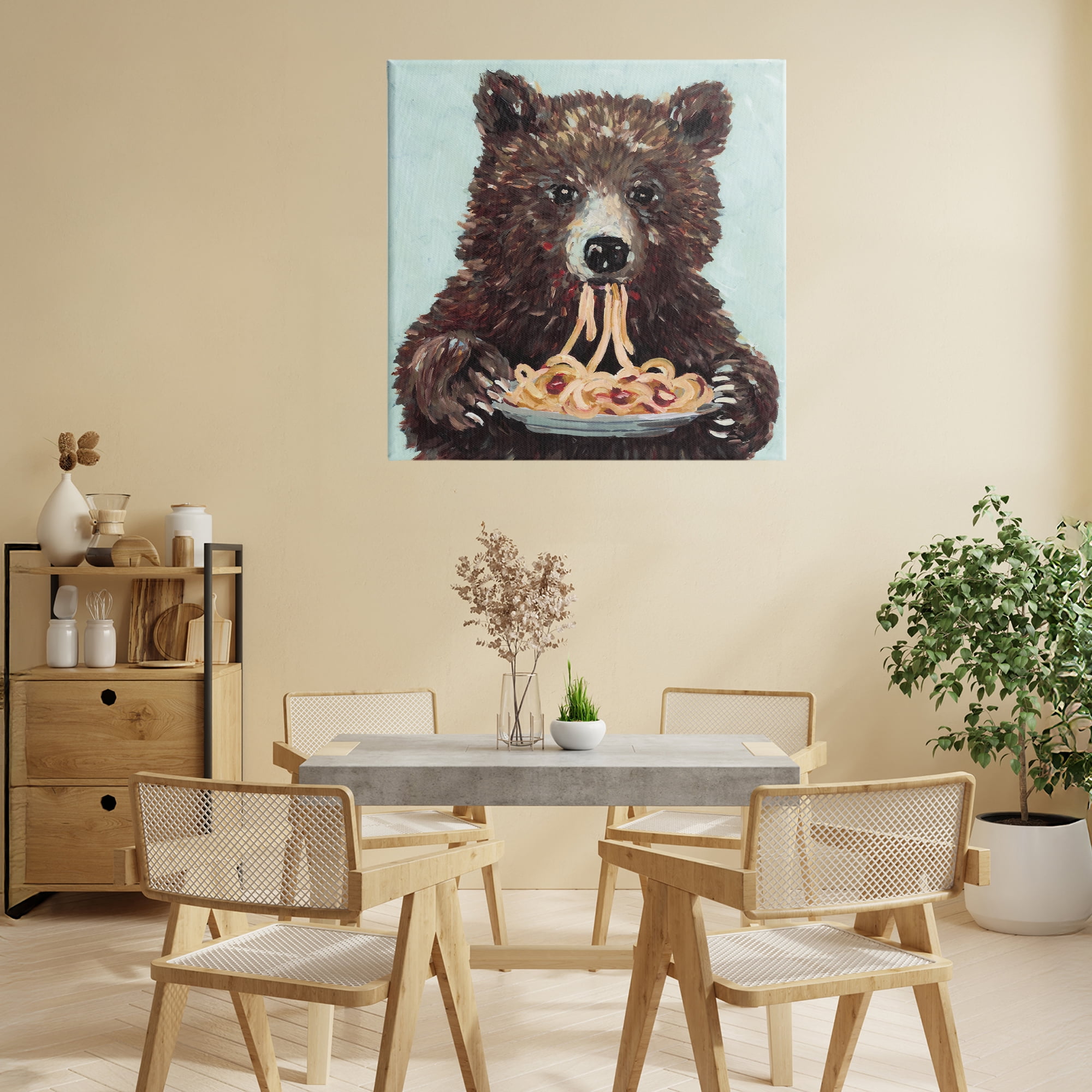 Whimsical Bear & Spaghetti Canvas Wall Art, design by Studio Bautista