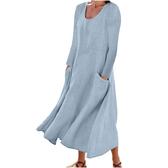 Pompotops Robe à Manches Longues en Coton et Lin Uni avec Poche et Col Rond pour Femmes en Solde