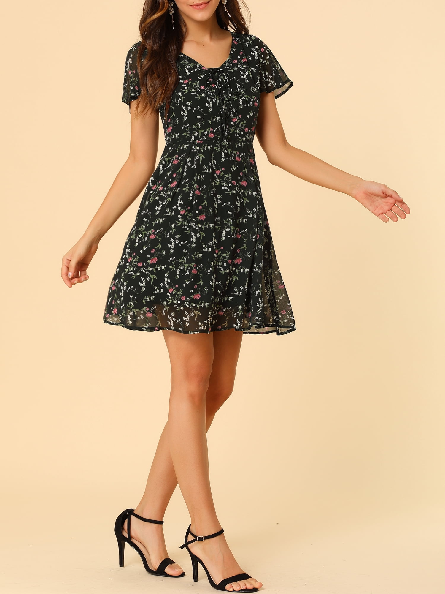 DARING DIVA Floral Flouncing Sleeve V Neck A-Line Chiffon Dress  M Black