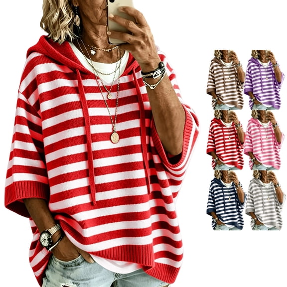 Pullover Sweaters for Women Oversized Knit Hooded Sweaters Fall Clothes for Women 3/4 Batwing Sleeve Striped Trendy Lightweight Casual Drawstring Sweater Pullover Red L