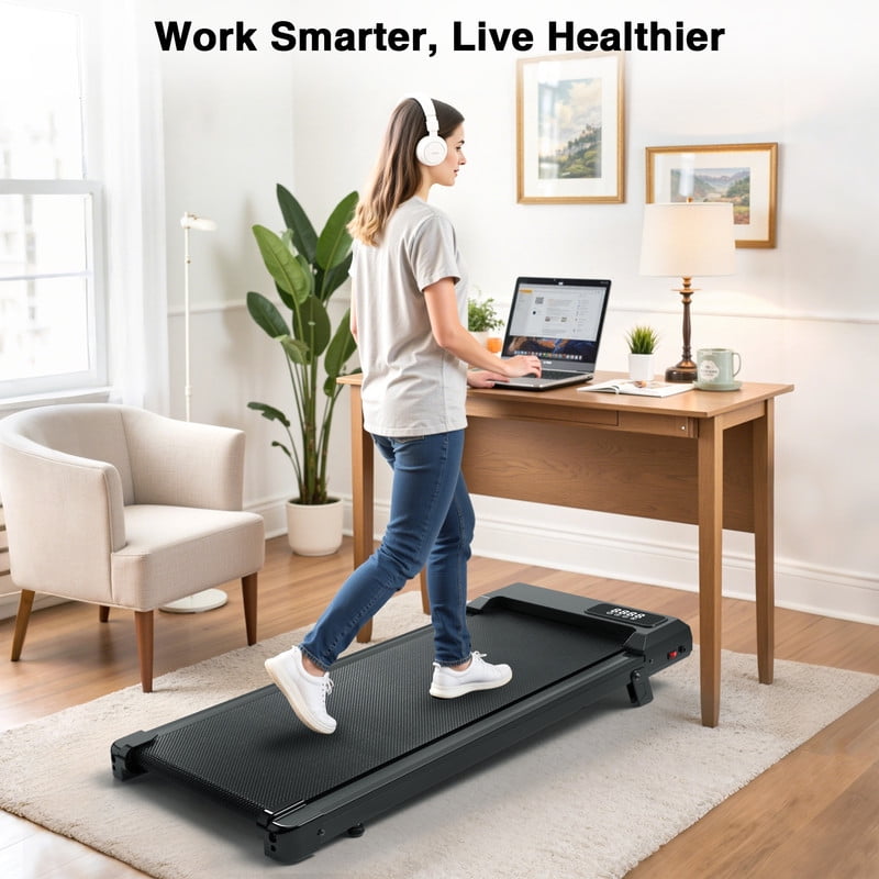 Redliro Walking Pad Treadmill with Incline, Portable Under Desk Treadmill for Home Office, Compact Walking Pad with Smart LED Display, Black