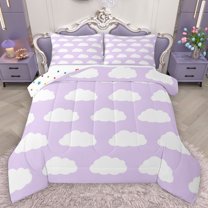 Homewish Cartoon Cloud 3 Pieces Queen Comforter Set for Preppy Child Kids,Purple White Ultra Soft Bedding Sets,Dreamy Princess Bedding Comforter Set Breathable,Luxury Bedroom Decor,Reversible