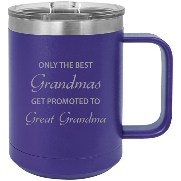 Only the Moms Get Promoted to Grandma Stainless Steel Vacuum Insulated 15 Oz Engraved Travel Coffee Mug with Slider Lid, Purple