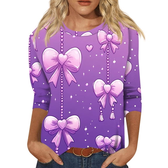 KDDYLITQ Valentine Tops for Women Crew Neck 3/4 Sleeve Shirts Love Heart Graphic Funny Tees Spring Plus Size Blouses Purple M
