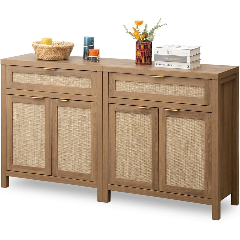 Nopurs Sideboard Buffet Cabinet Set of 2 Kitchen Cabinets Storage Cabinets with Rattan Doors and Adjustable Shelves Accent Cabinet for Dining Room