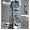 thumbnail image 6 of UACY Boy's Girls Cargo Jeans Baggy Denim Pants Elastic Waist Straight Wide Leg Jeans Streetwear with Pockets ﻿ (Dark Blue, 13-14 Years), 6 of 7