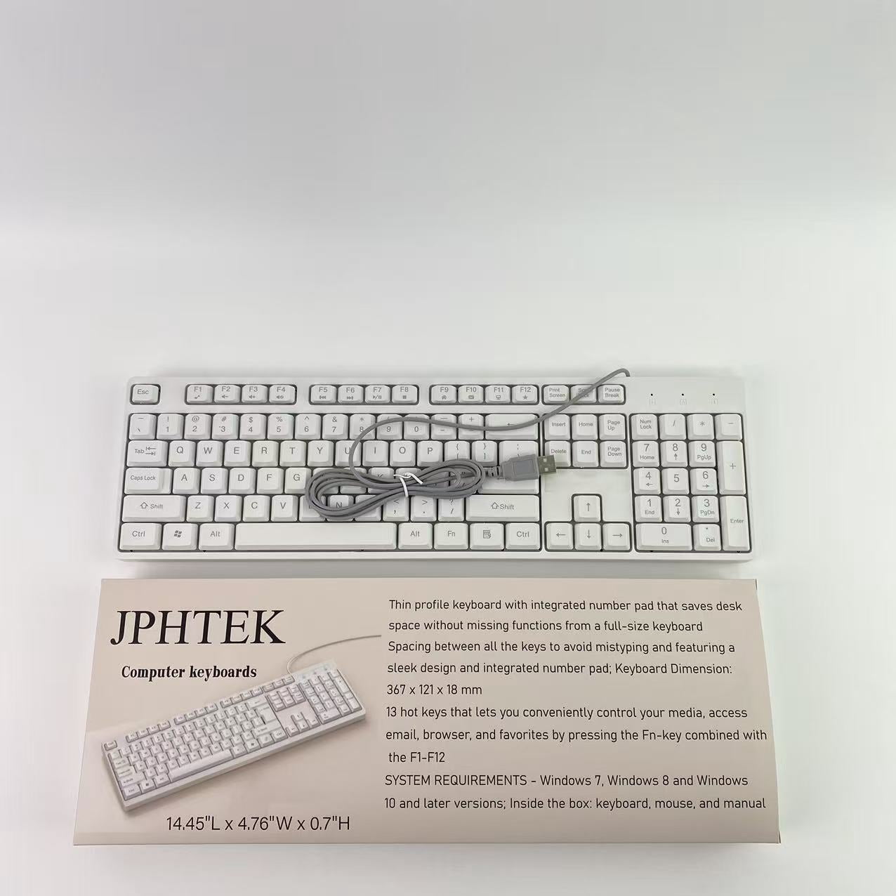 JPHTEK Computer keyboards,Wired Quiet USB Keyboard - 14.45x4.76x0.70 Inches - Compact Design with Number Pad - White