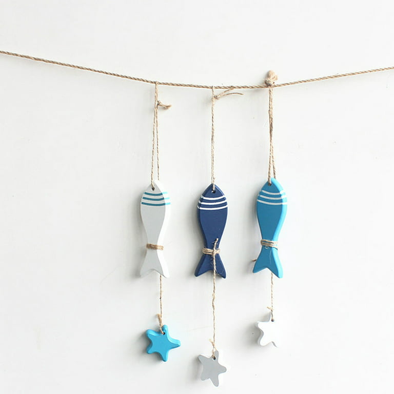 3pcs Mediterranean Style Small Fish String Pendant Fishing Net Accessories  Wooden Fish Hanging Decor for Home Shop (Light Blue, Dark Blue, White Each  One) 
