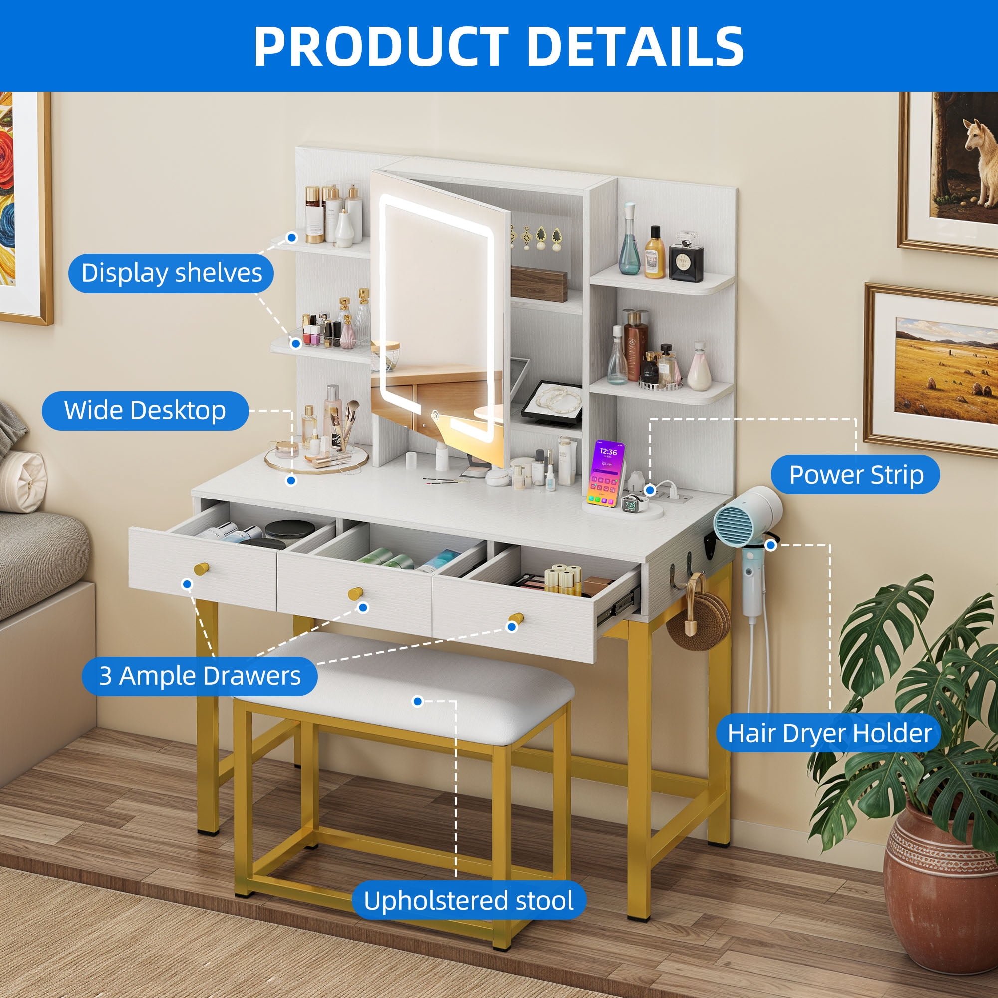 Dextrus Vanity Desk Set with Light Mirror & Power Outlet, Makeup Table with 3 Drawers, Adjustable Cabinet/Makeup Vanity Stool for Women, Girls - White