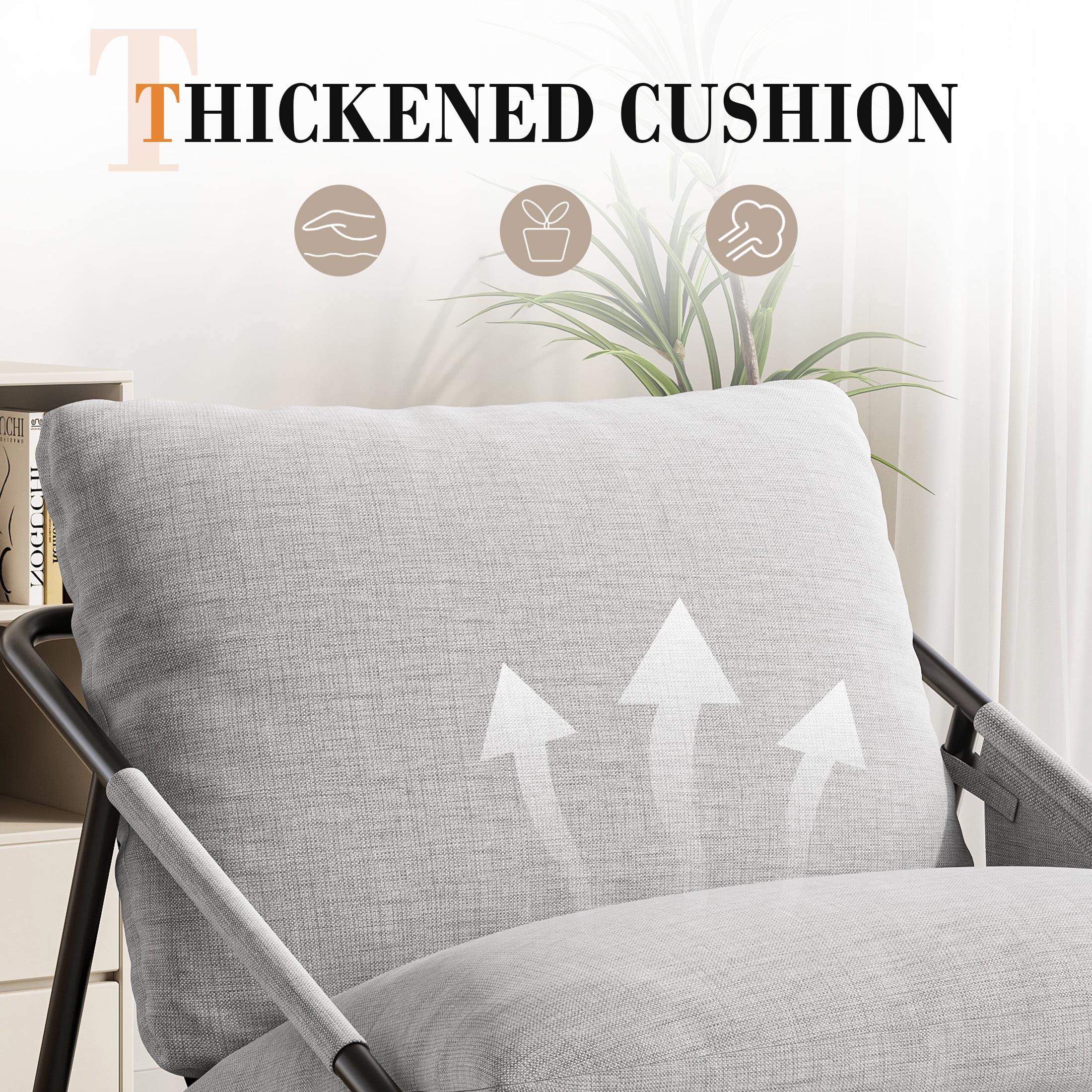 Techmilly Grey Sling Accent Chairs Set of 2, Modern Accent Chairs Reading Chairs for Living Room, Black Metal Armchair with Comfortable Cushion for Reading Room Office, Light Grey Linen