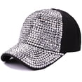 thumbnail image 1 of Gorra de béisbol ajustable con cristales de diamantes de imitación y tachuelas para mujer, sombrero para el sol de tela vaquera brillante liso, color plateado ladrillo completo, 1 of 5