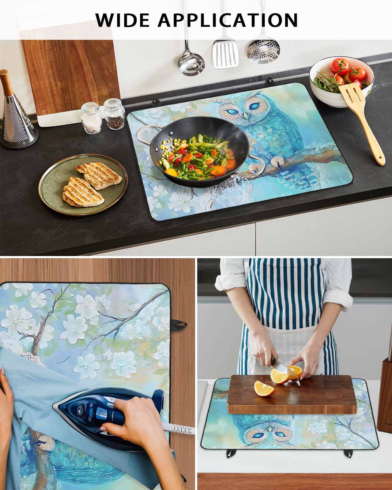 nqOlkjepod Large Induction Cooktop Protector Mat 36"x21", Teal Blue Owl Stove Top Covers for Electric Stove, Modern Flowers Birds on Branch Decorative Stove Burner Cover Mats, Glass Top Stove Cover