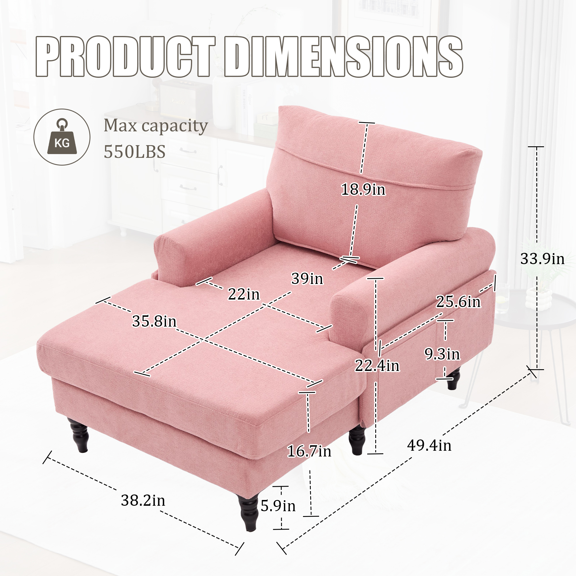 MOONMISS Chenille Upholstered Wood Frame Recliner Single Sofa with Comfortable Backrest and Armrests-Pink