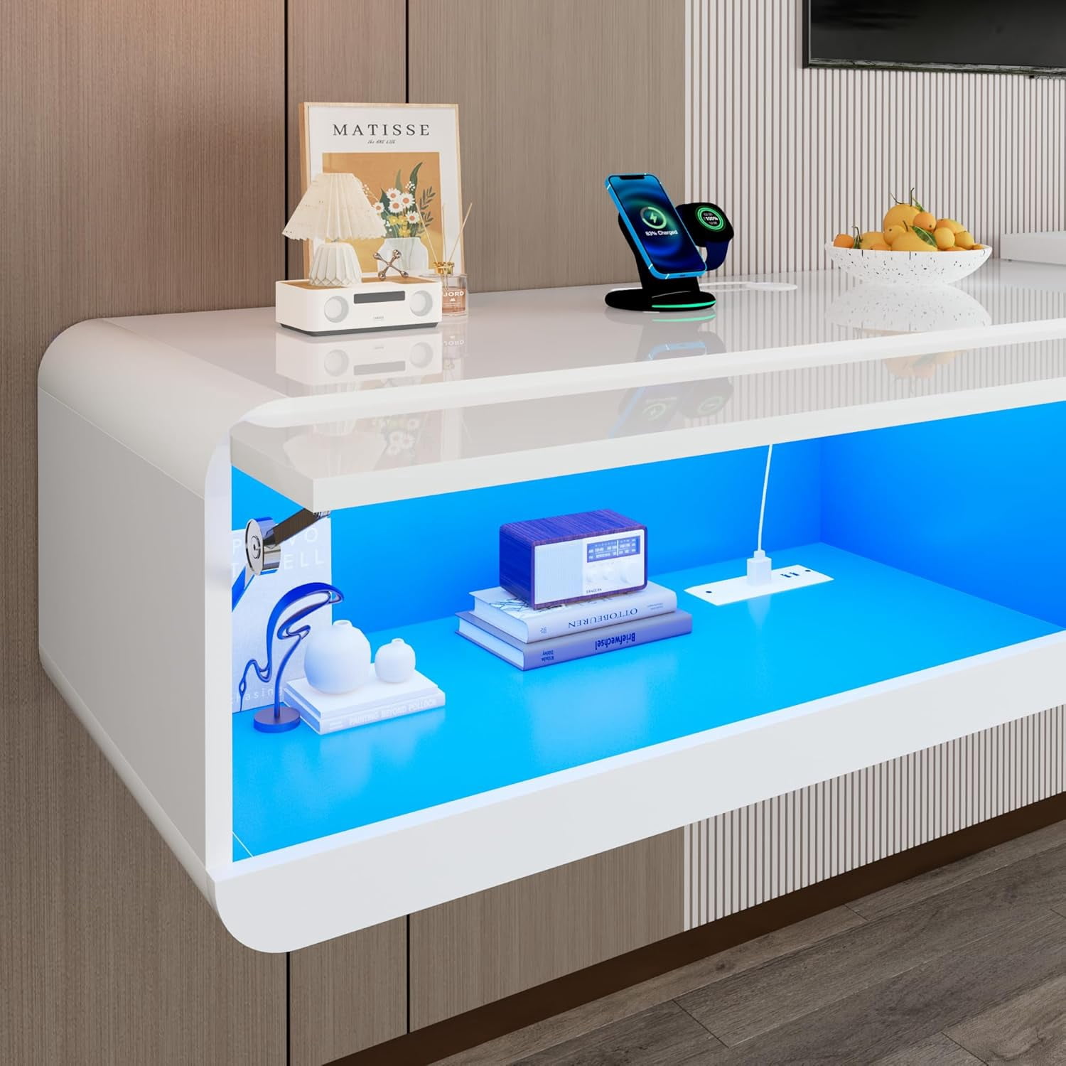 Anpoo 94.5'' Modern Floating TV Stand for TVs up to 100'' TV, LED High Gloss Entertainment Center with Storage & Power Outlet, TV Console with 20 Color Changing Lights for Living Room Bedroom, White