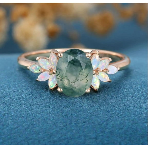 Natural Moss Agate, Fire Oval Opal Ring ,Moissanite Cluster, 925 Sterling Silver , Gold Plated Engagement Rings