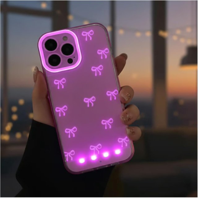 LED Bowknot Phone Case Light up Features a Charming Hollow Butterfly Knot, Sound-Activated Glow Compatible with iPhone 11/12/13/14/15/16/17 Pro/Pro Max (for iPhone 13,Pink)