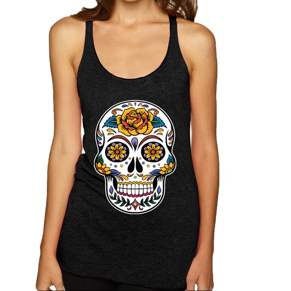Wild Bobby Day Of The Dead Sugar Skull Pop Culture Women Tri-Blend Racerback Tank Top, Vintage Black, Small