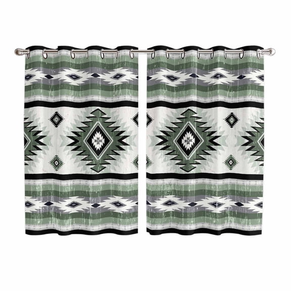 Sage Green Boho Kitchen Curtains 72 Inch Length, Southwestern Ethnic Aztec Retro Geometric Grommet Top Bedroom Living Room Curtains, Light Filtering Cafe Curtain Drapes 2 Panels Set 104''x72''