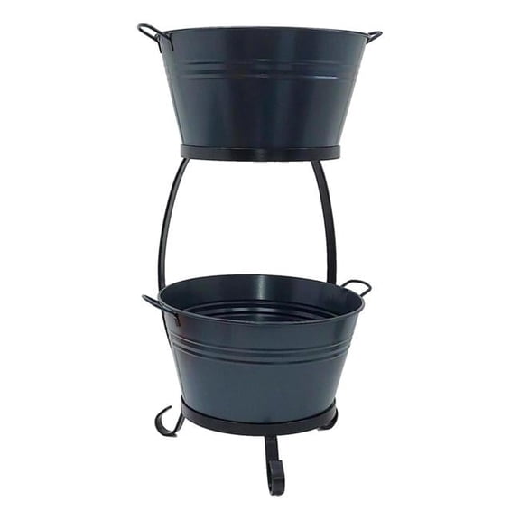 Enameled Galvanized Steel Double Beverage Tub with Iron Stand, Dark Gray