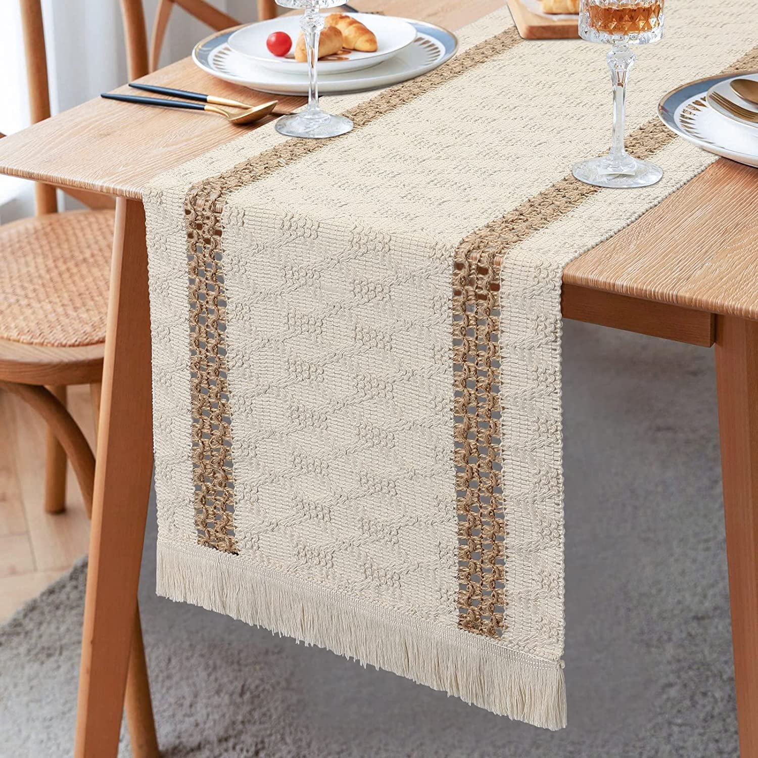 Beige Macrame Table Runner With Tassels Cotton And Linen Splicing