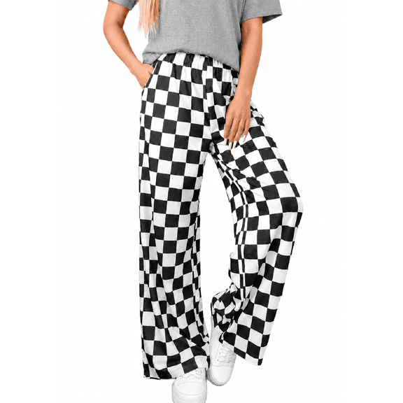 DOKOTOO Plaid Pants for Women Casual Wide Leg Pants Elastic Waist Loose Comfy Checkered Pants with Pockets