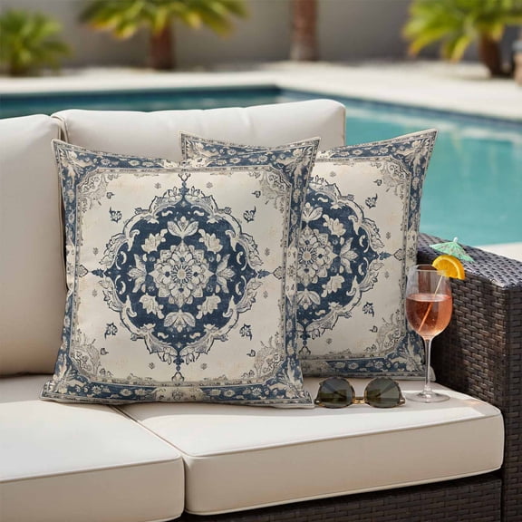 Navy Blue Boho Outdoor Pillow Covers 16x16 Inch Throw Pillow Covers Set of 2 Waterproof Decorative Pillow Cases Retro Southwestern Ethnic Geometric Cushion Covers for Patio Furniture Garden Couch