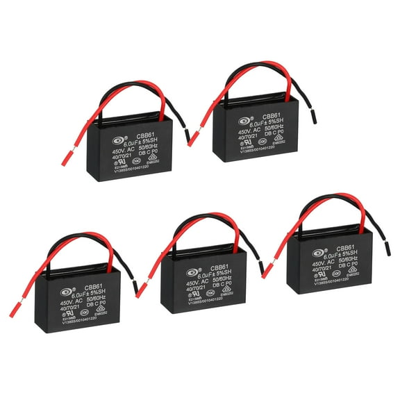 CBB61 Ceiling Fan Capacitor, 5Pcs 6uF 450V AC 50/60HZ with 2 Wires 48x32x32mm
