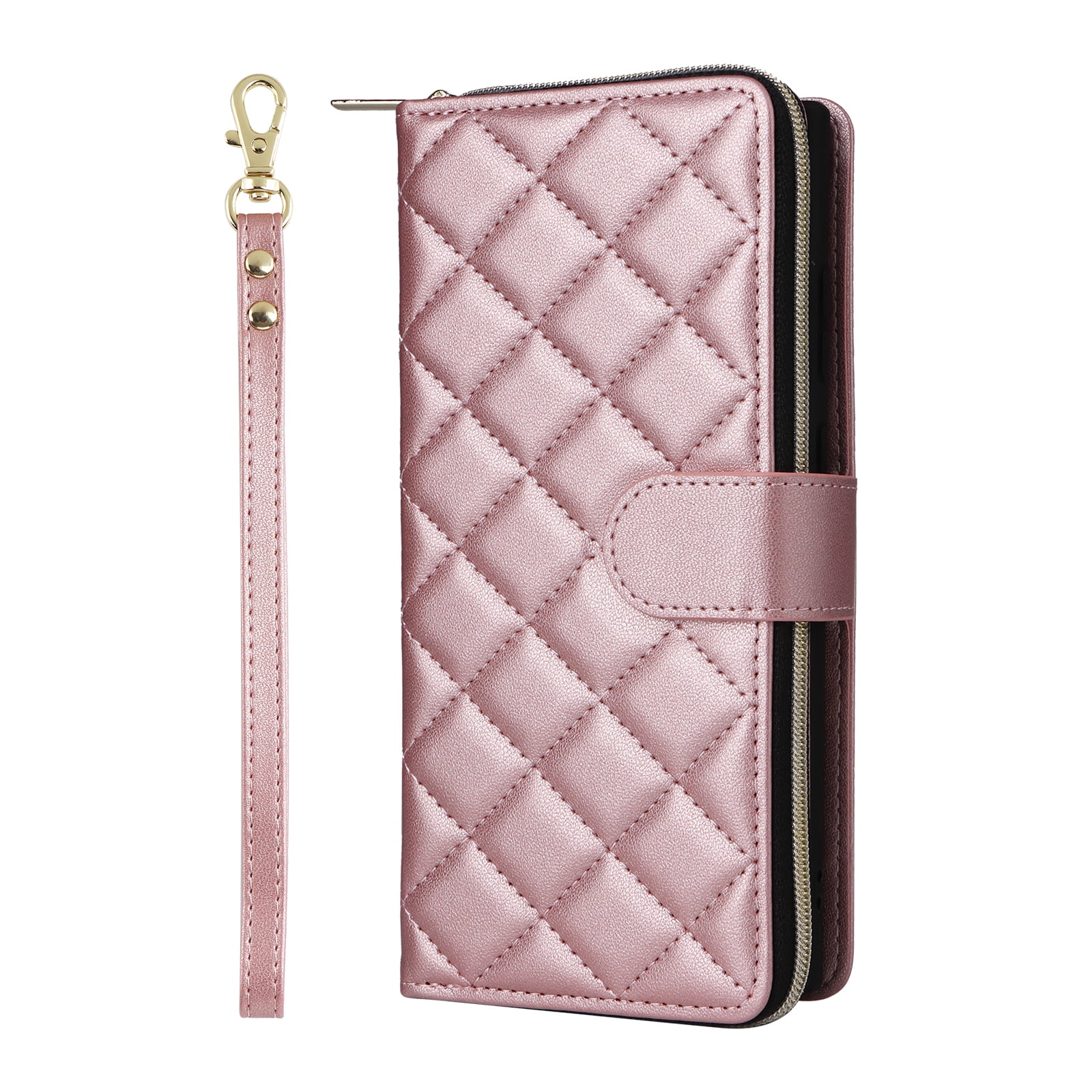 for Samsung Galaxy S24 Ultra Wallet Case, Multi-Functional Zipper Purse Case, with Flip Stand Card Holder PU Leather Phone Cover with Lanyard & Wrist Strap for Samsung Galaxy S24 Ultra, Rosegold