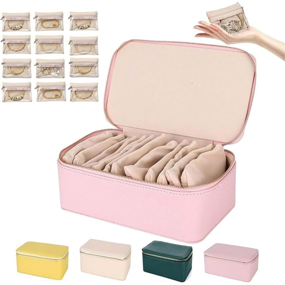 Travel Jewelry Box With Small Pouches, Portable PU Leather Jewelry Organizer Box with 12 Pouches, for Earring/Ring/Necklace/Bracelet Organizer