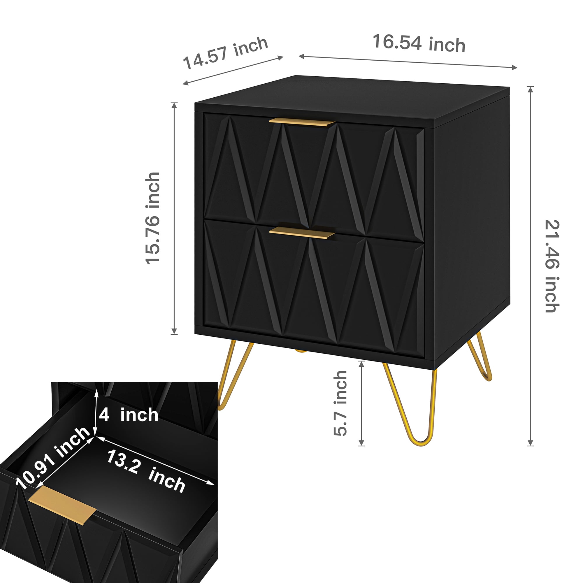 Finihen 21" Tall Nightstand with 2 Drawers, End Table Dual Night Stand with Metal Legs for Bedroom Living Room, Black Finihen 21" Tall Nightstand with 2 Drawers, End Table Dual Night Stand with Metal Legs for Bedroom Living Room, Black