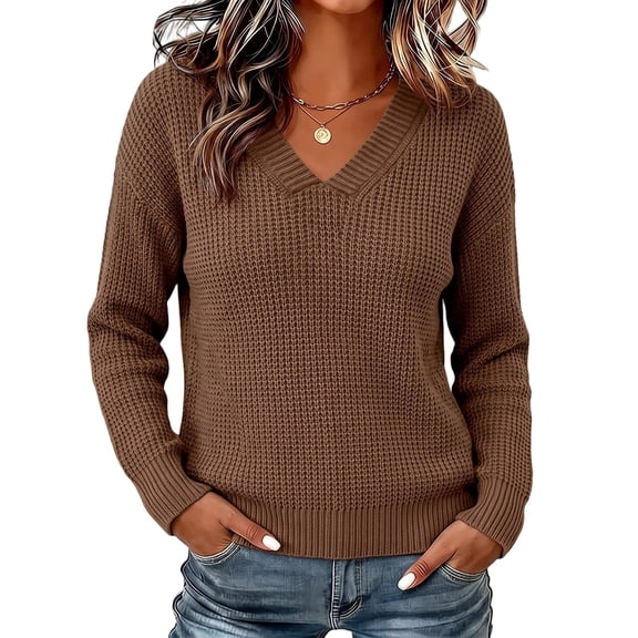 Sheghy Womens Autumn Winter Drop Shoulder Side Slit V Neck Baggy Fit Solid Color Knitted Pullover Brown S