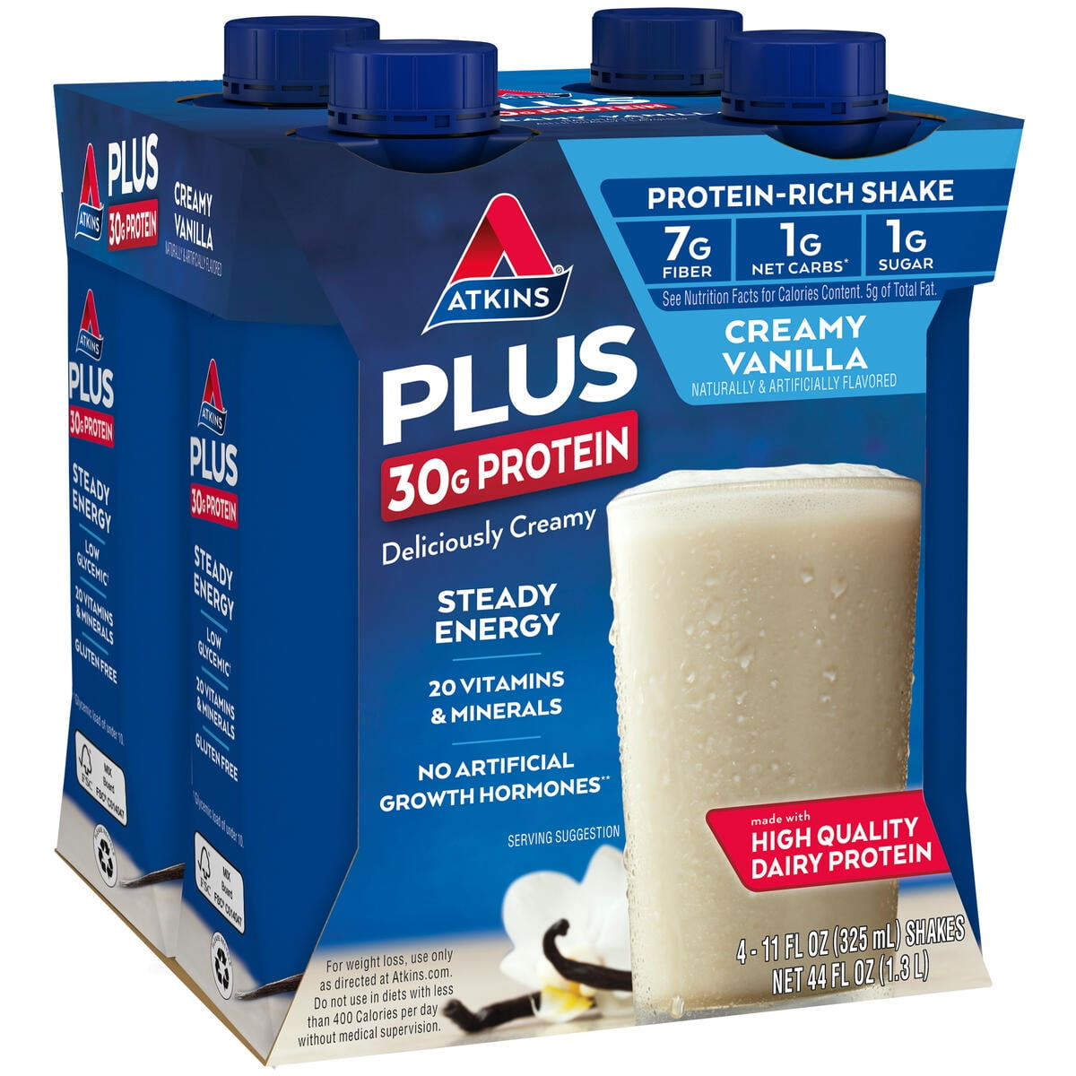 (3 pack) Atkins Creamy Vanilla PLUS Protein Shake, High Protein, Low Carb, Low Sugar, Keto Friendly, 4 Count