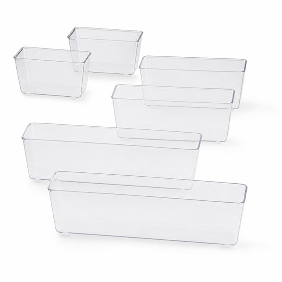 Clear Desk Drawer Organizer 6 Pack, Plastic Storage Bins in 3 Sizes with Non-Slip Silicone Feet