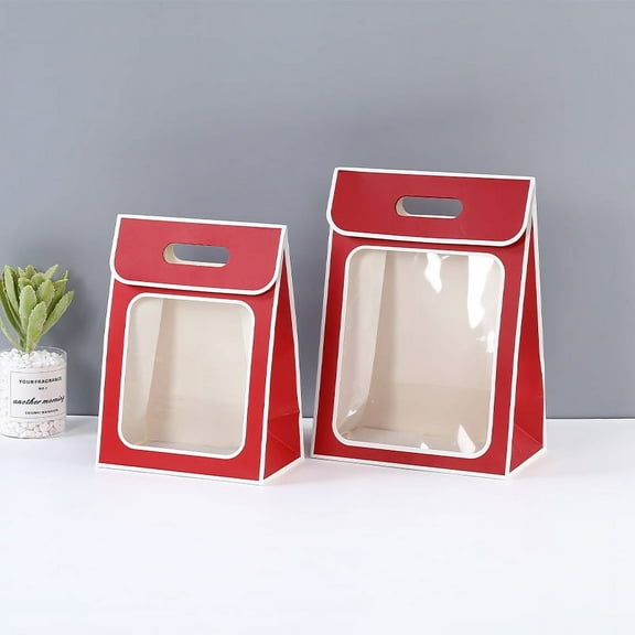 Nvzi gifts, flowers, gift box packaging bags, flip transparent window carrying bags, flowers, gift carrying bags (red background and white frame, 21.5 * 13 * 30cm)